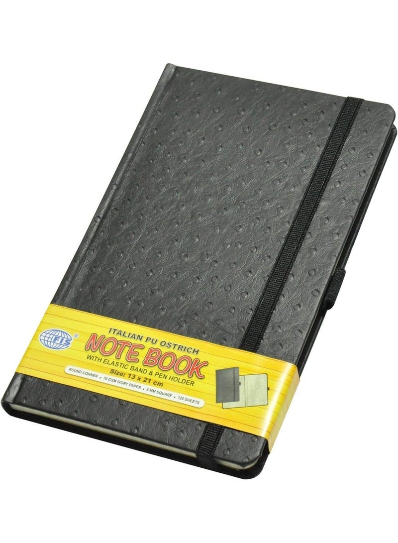 FIS Executive Ostrich Italian PU Cover Notebook, Ivory Paper, 5 mm Square With Elastic Band, Black Color, 120 Sheets, Pen Holder and Gift Box, 13 x 21 cm Size - FSNBEX5MM1321BK - Image 1